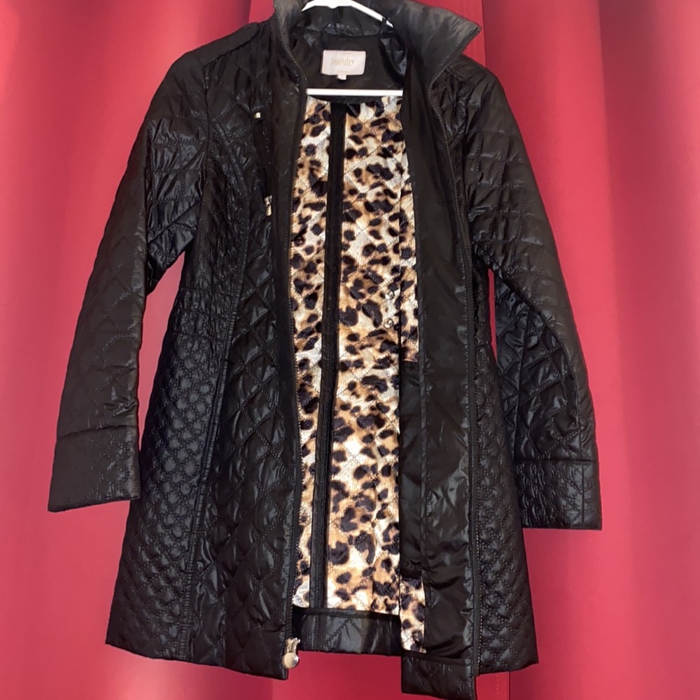 Juniors-Black mid length zipper up- light weight jacket with leopard lining.